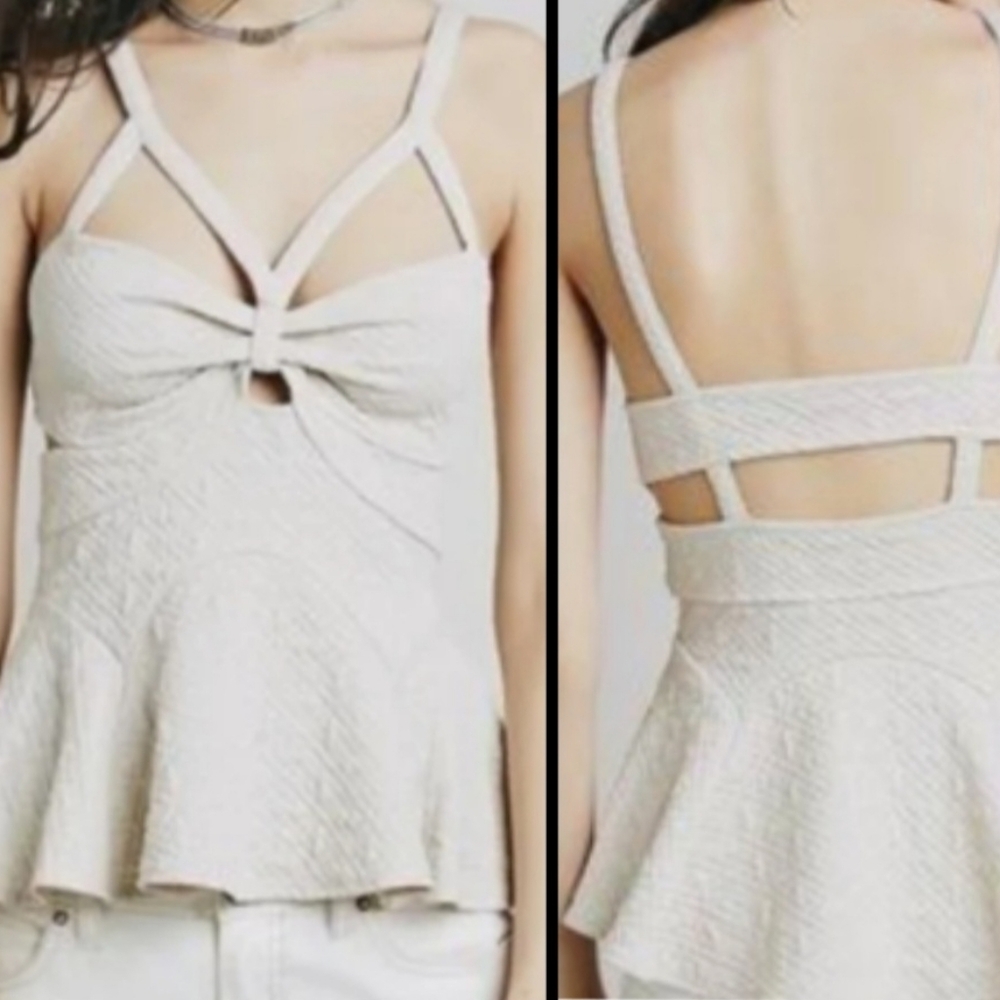 Free People Jacquard Textured Strappy Cut out Peplum Top